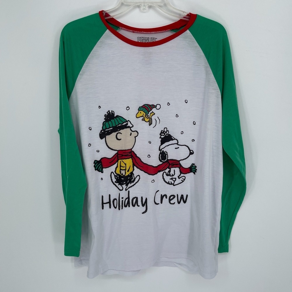 Peanuts Women's White Holiday Crew Snoopy Charlie Brown Raglan Top‎ Size L